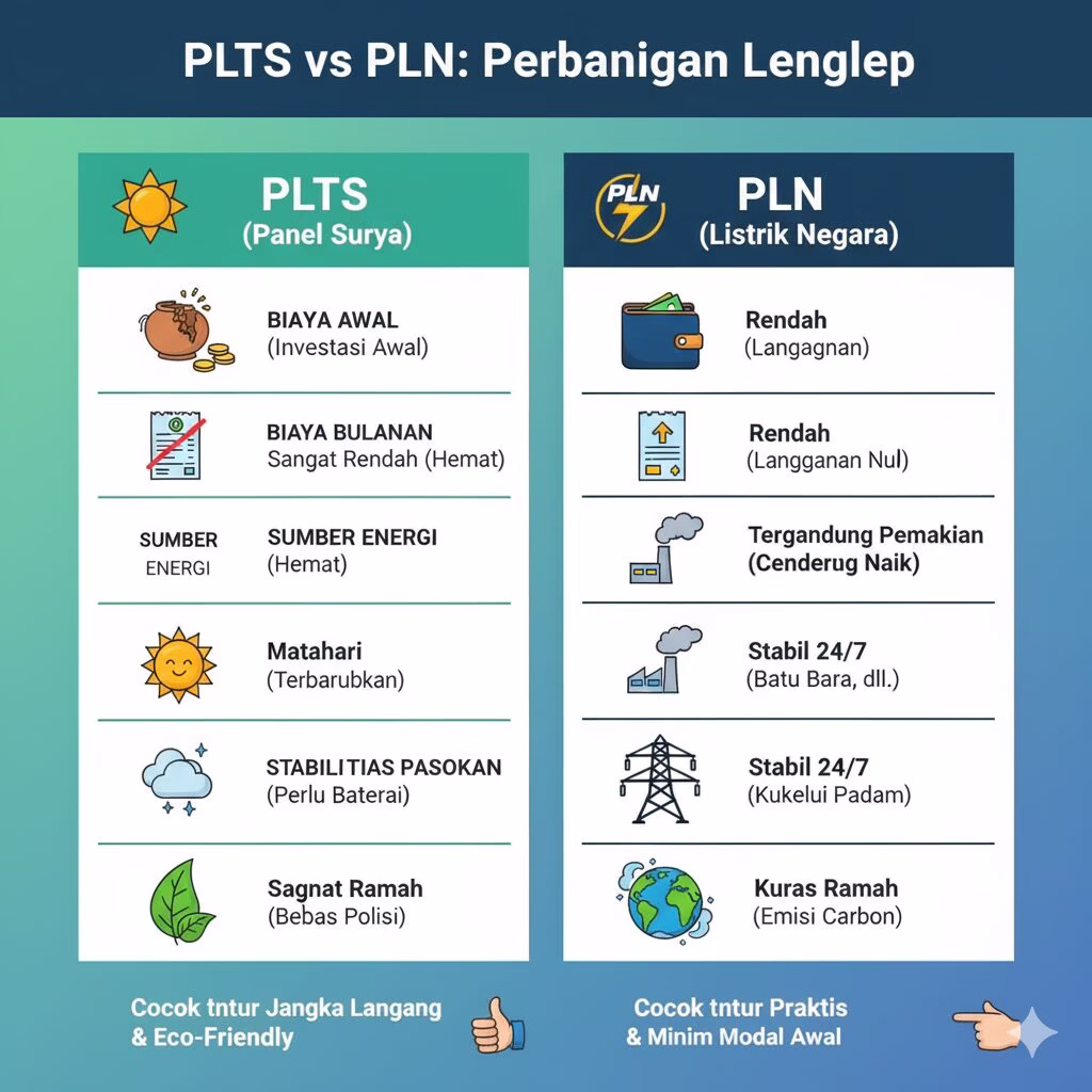 infografis perbandingan PLTS vs PLN dari segi biaya dan keuntungan