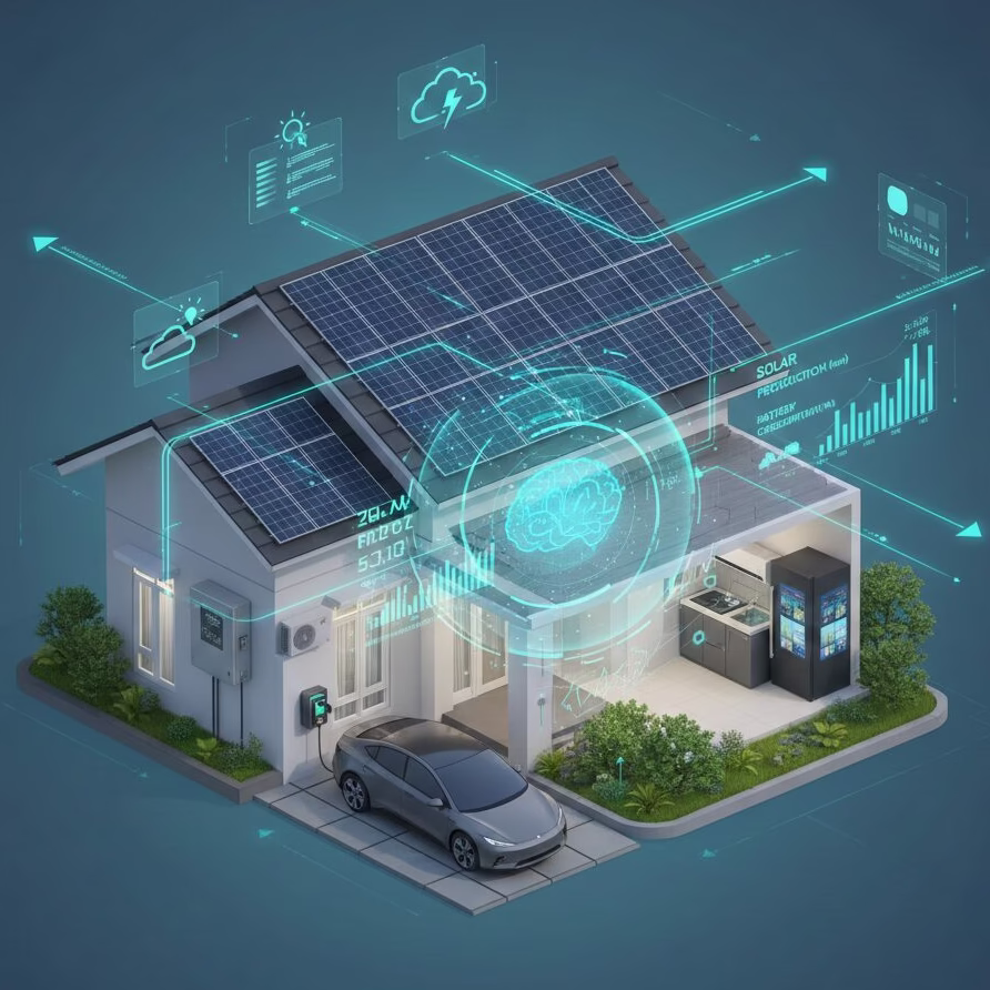 Ilustrasi sistem PLTS rumah tangga yang dikelola AI.