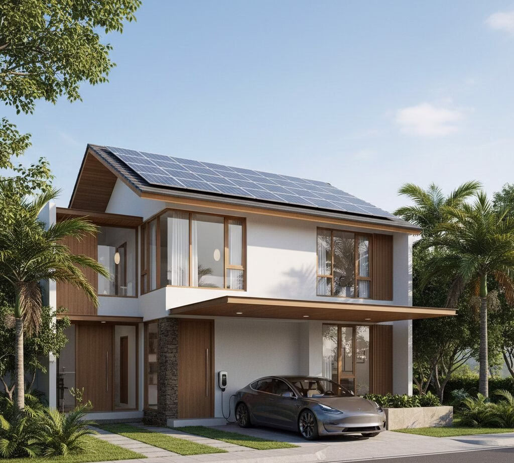 panel surya rumah Jakarta di atap rumah modern